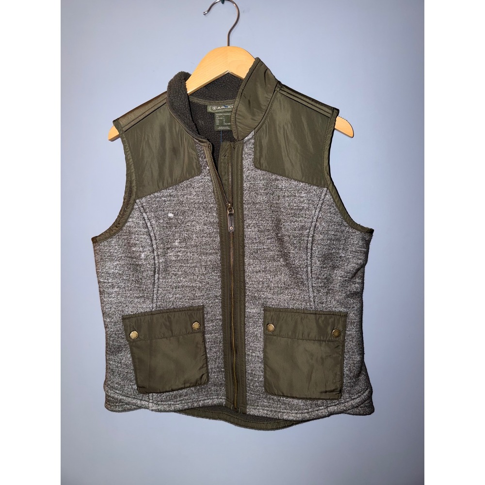 Ariat Womens Large Full Zip Fleece Vest Grey Olive Green Equestrian Horse Bit
